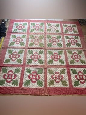 Antique 1864 Red and Green Oak and Reel 16 Stamped Signatures Quilt 82x85